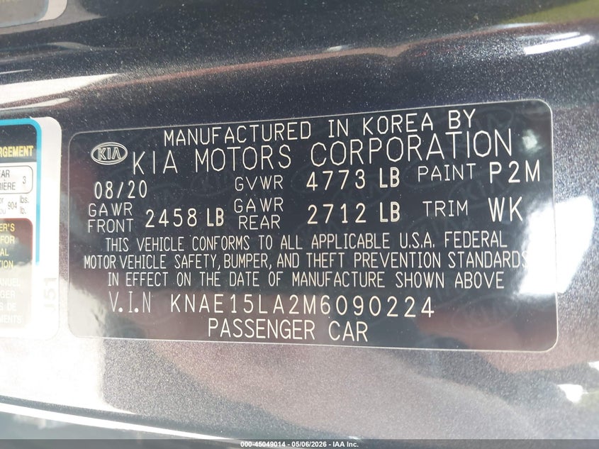 2021 Kia Stinger Gt-Line VIN: KNAE15LA2M6090224 Lot: 45049014
