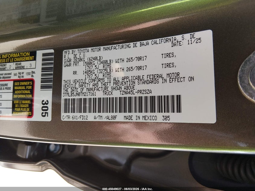 2026 Toyota Tacoma Trd Off Road VIN: 3TMLB5JN0TM217161 Lot: 45049027