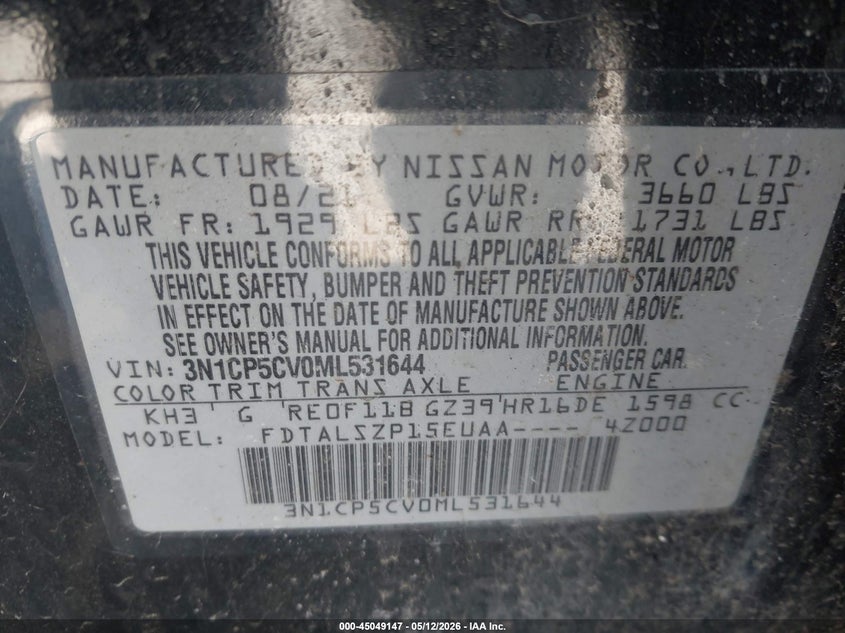VIN 3N1CP5CV0ML531644 2021 NISSAN KICKS SV XTRONIC CVT
