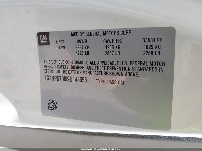 2009 Buick Lucerne Cx-2 VIN: 1G4HP57M99U143955 Lot: 45049202