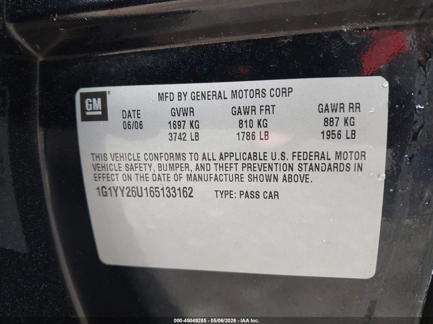 2006 Chevrolet Corvette VIN: 1G1YY26U165133162 Lot: 45049285