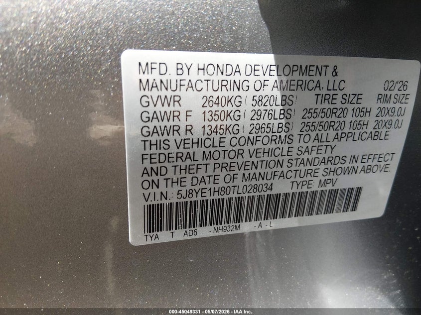 2026 ACURA MDX 3.5L V-6 DI, VVT, 29(VIN: 5J8YE1H80TL028034