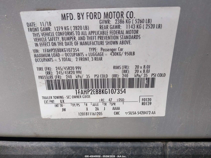 FORD TAURUS 2019 VIN 1FAHP2E88KG107354