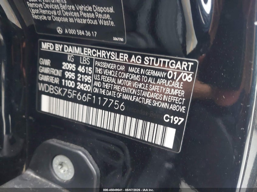 2006 Mercedes-Benz Sl 500 VIN: WDBSK75F66F117756 Lot: 45049541