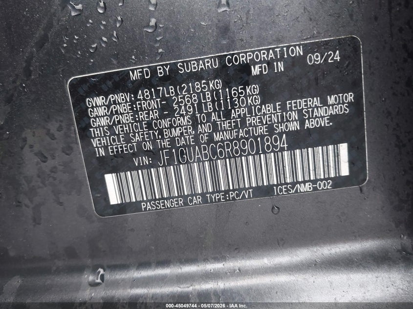 2024 SUBARU IMPREZA 2.0L H-4 DI, DOHC, V(VIN: JF1GUABC6R8901894