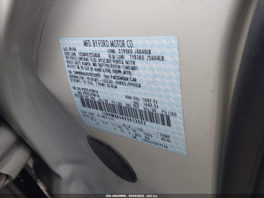 2005 Lincoln Ls V6 VIN: 1LNHM86S45Y612057 Lot: 45049999
