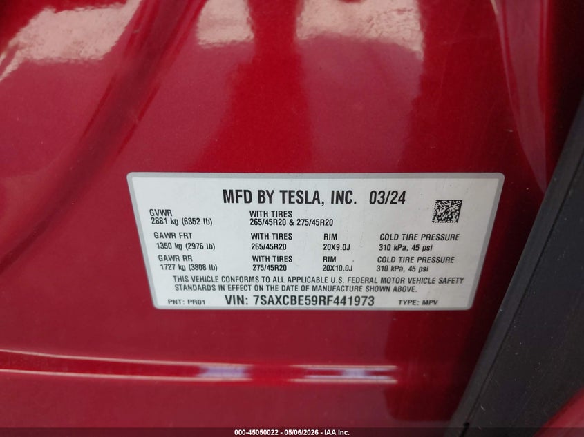 2024 Tesla Model X Long Range VIN: 7SAXCBE59RF441973 Lot: 45050022