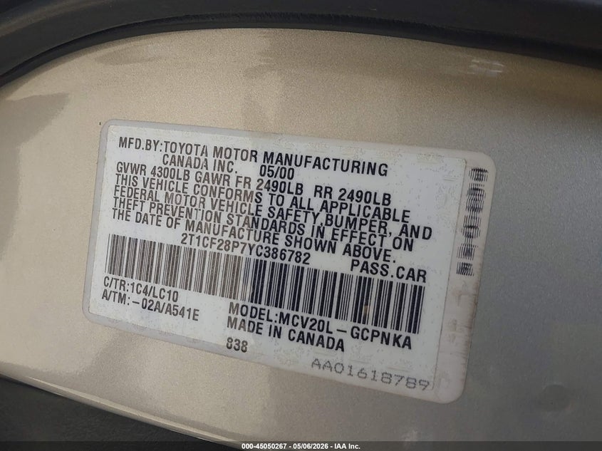 2000 Toyota Camry Solara Sle V6 VIN: 2T1CF28P7YC386782 Lot: 45050267
