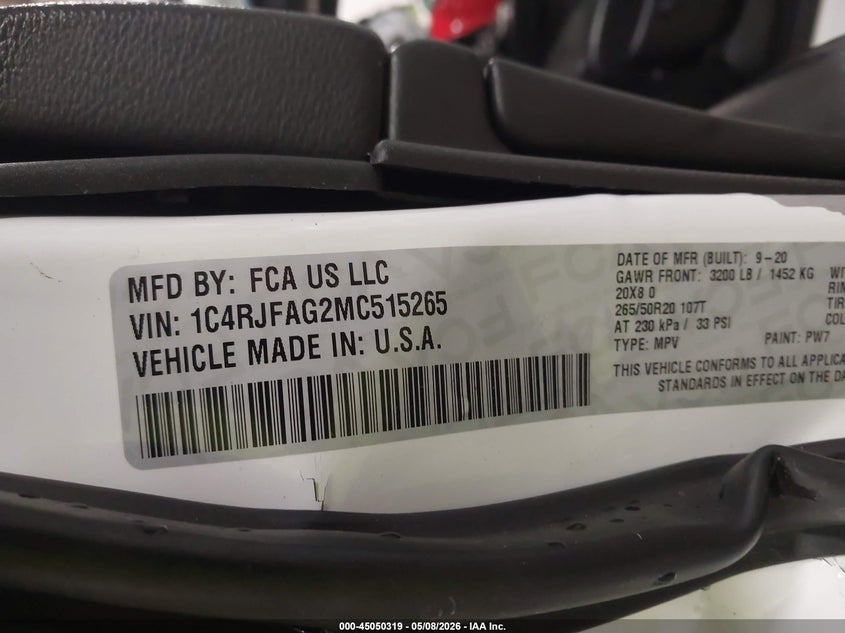 2021 JEEP GRAND CHEROKEE 3.6L V-6 DOHC, VVT, (VIN: 1C4RJFAG2MC515265