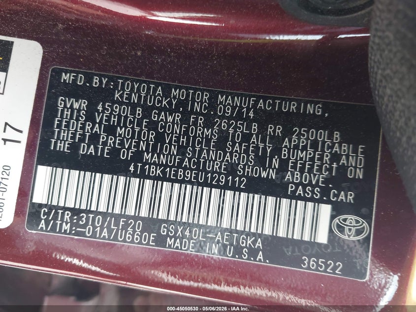 2014 TOYOTA AVALON SEDAN 3.5L V-6 DOHC, VVT, 268HP