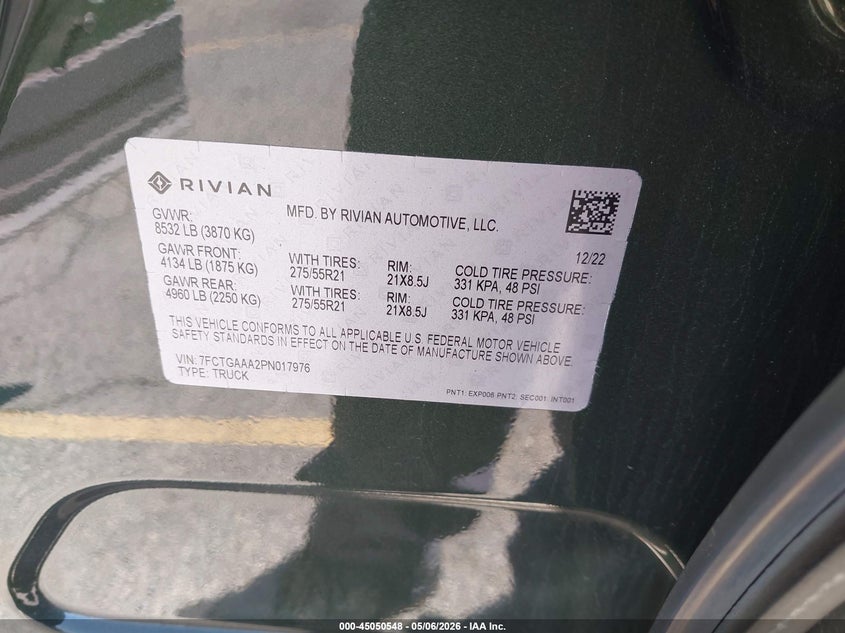 2023 Rivian R1T Adventure Quad Motor Large Pack VIN: 7FCTGAAA2PN017976 Lot: 45050548