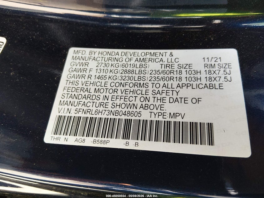 2022 Honda Odyssey Ex-L VIN: 5FNRL6H73NB048605 Lot: 45050554