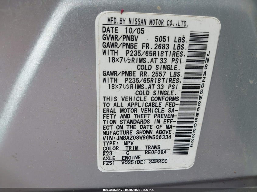 2006 Nissan Murano Se VIN: JN8AZ08W86W506334 Lot: 45050617