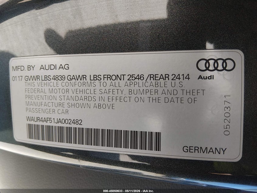 2018 Audi S5 3.0T Premium Plus VIN: WAUR4AF51JA002482 Lot: 45050633