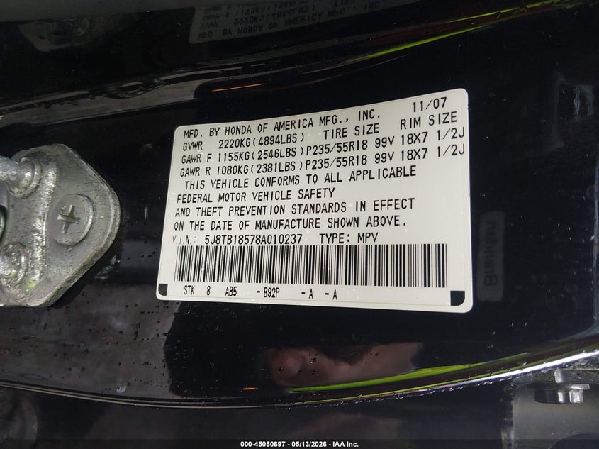 2008 Acura Rdx VIN: 5J8TB18578A010237 Lot: 45050697