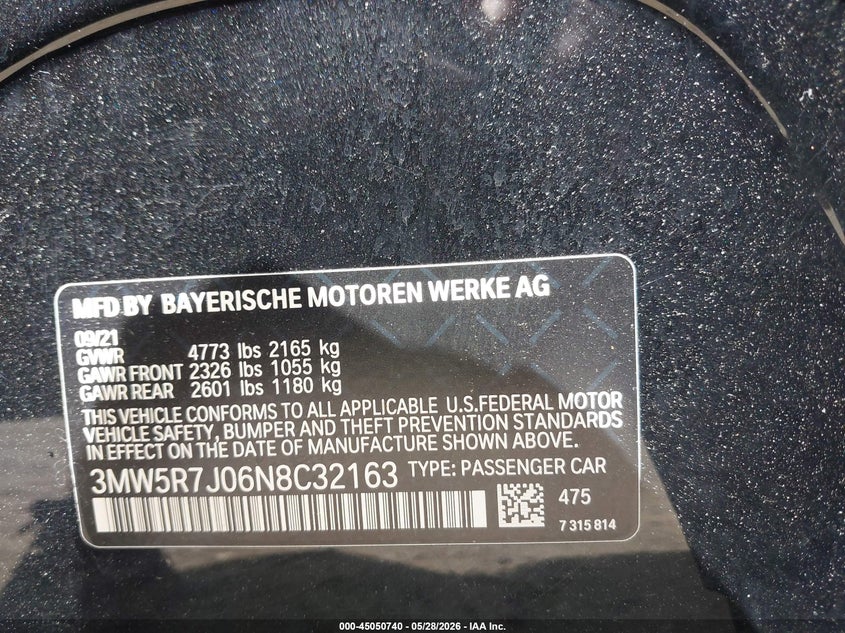 2022 BMW 330I xDrive VIN: 3MW5R7J06N8C32163 Lot: 45050740