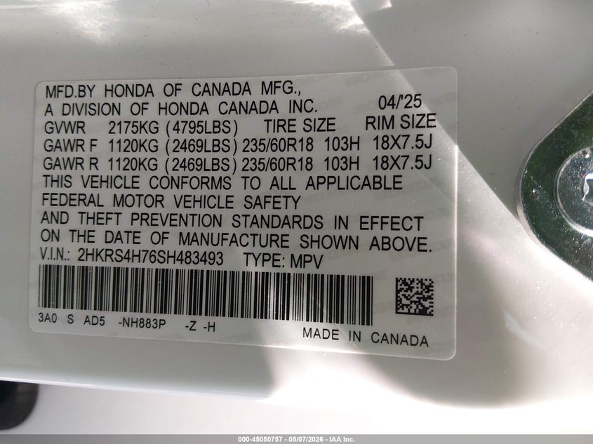 2025 HONDA CR-V 1.5L I-4 DI, DOHC, V(VIN: 2HKRS4H76SH483493