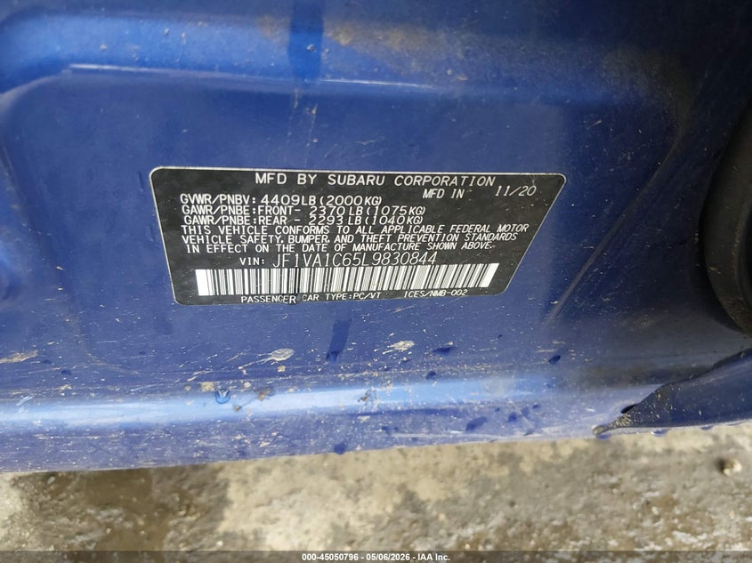 2020 Subaru Wrx Premium VIN: JF1VA1C65L9830844 Lot: 45050796