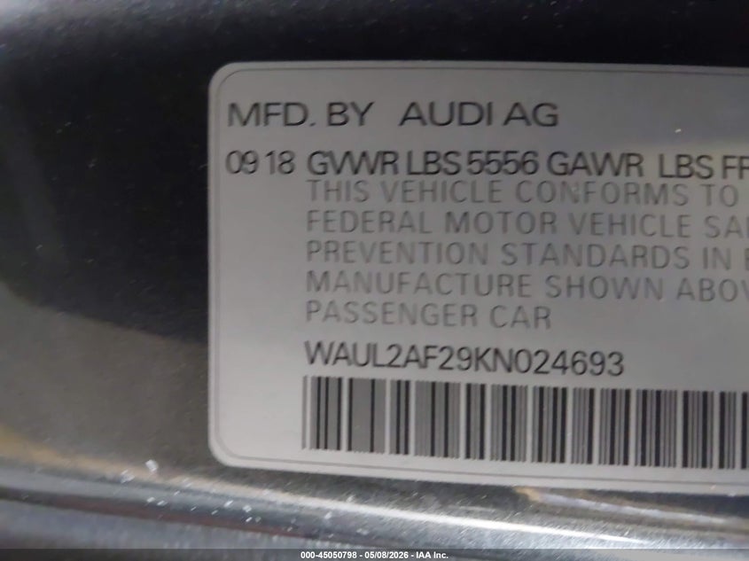 2019 Audi A6 55 Premium VIN: WAUL2AF29KN024693 Lot: 45050798