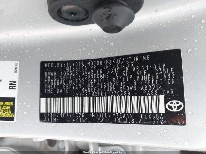 2026 TOYOTA COROLLA 2.0L I-4 DI, DOHC, V(VIN: 5YFS4MCE6TP270789