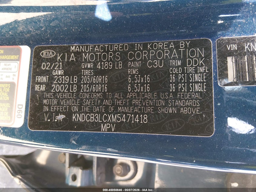 2021 KIA NIRO 1.6L I-4 DI, DOHC, V(VIN: KNDCB3LCXM5471418