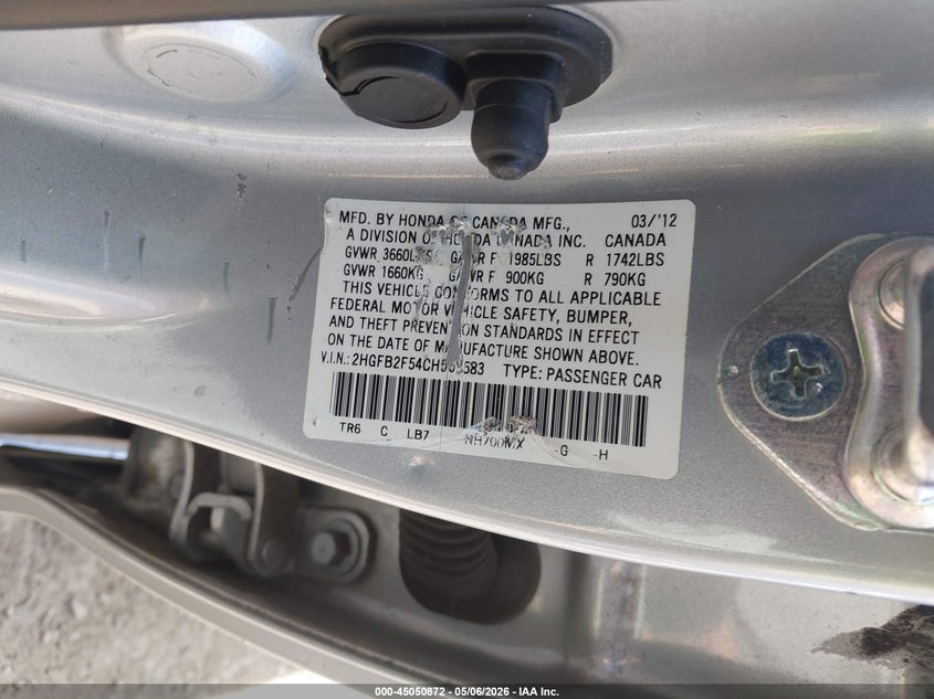 2012 Honda Civic 1.8 Lx Silver Lot 111045050872 Vin 2HGFB2F54CH558583