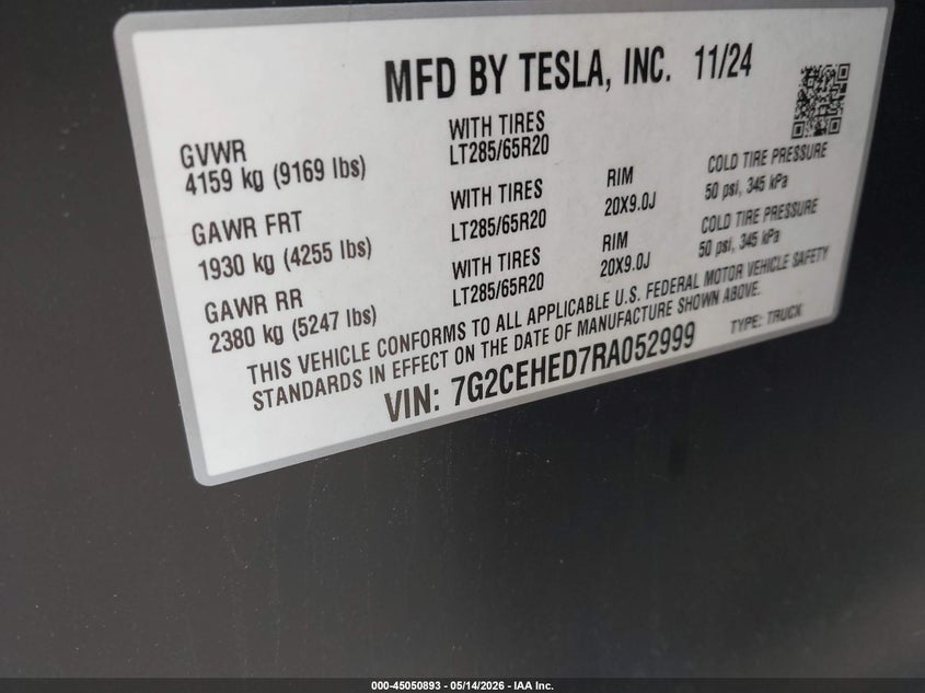 2024 Tesla Cybertruck All-Wheel Drive VIN: 7G2CEHED7RA052999 Lot: 45050893