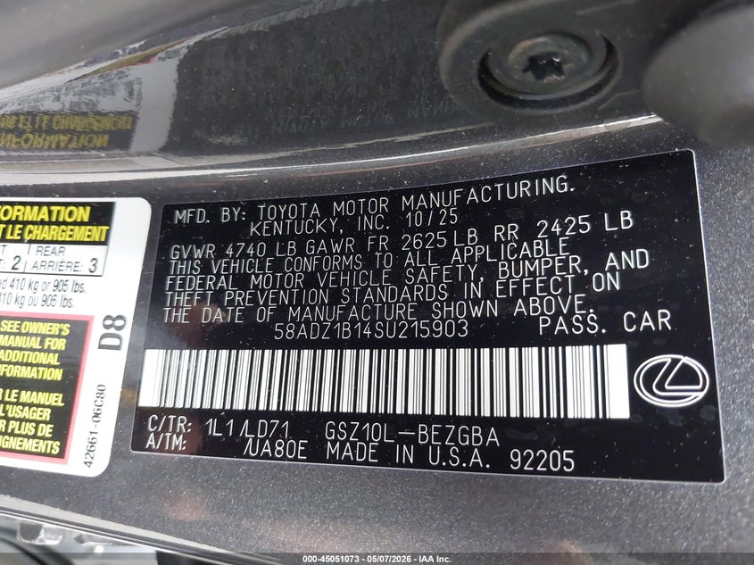 2025 LEXUS ES 350 3.5L V-6 DI, DOHC, V(VIN: 58ADZ1B14SU215903