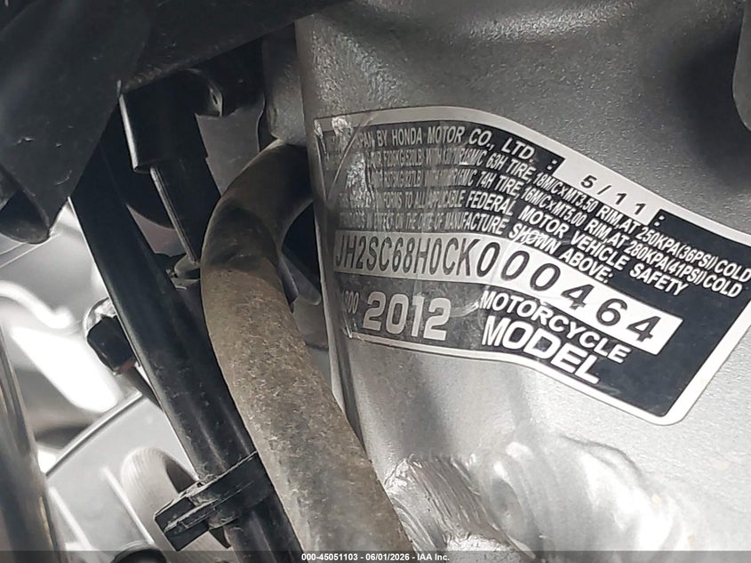 2012 Honda Gl1800 VIN: JH2SC68H0CK000464 Lot: 45051103