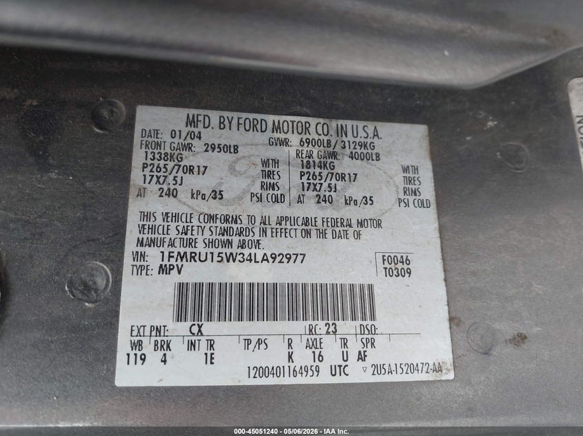 2004 Ford Expedition Xlt/Xlt Sport VIN: 1FMRU15W34LA92977 Lot: 45051240