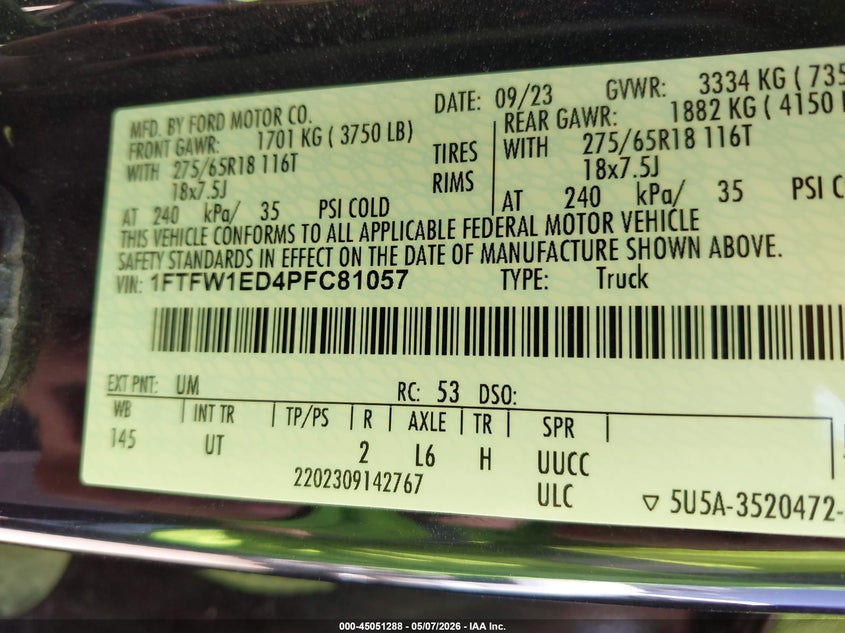 2023 FORD F-150 3.5L V-6 DI, DOHC, V(VIN: 1FTFW1ED4PFC81057