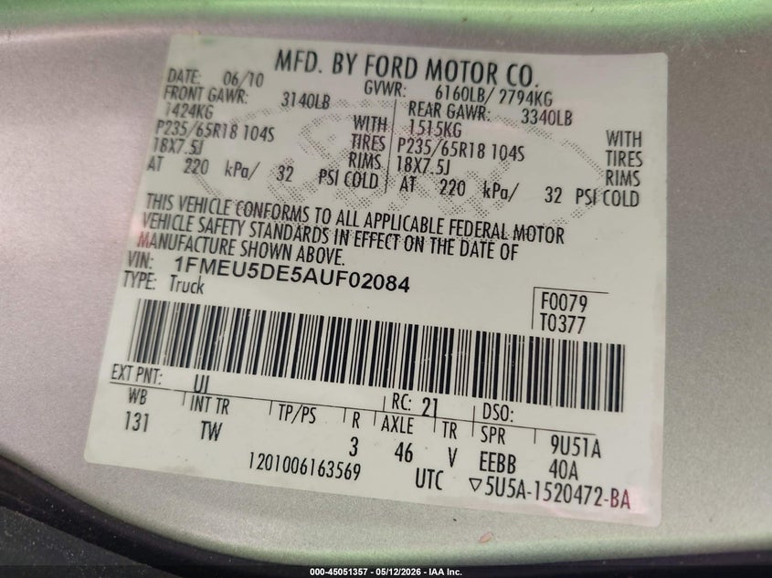 2010 Ford Explorer Sport Trac Limited VIN: 1FMEU5DE5AUF02084 Lot: 45051357