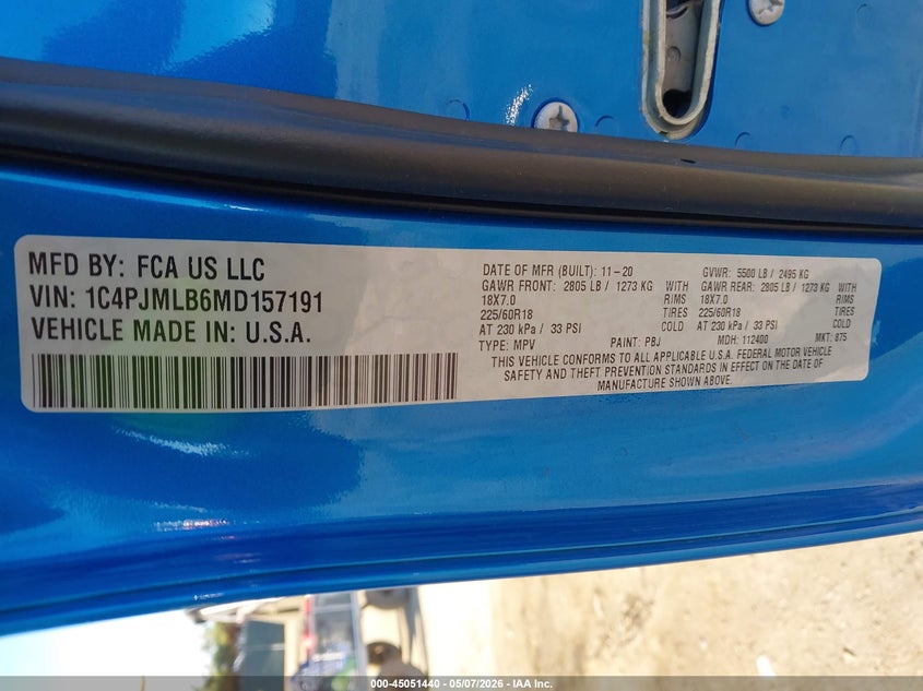 2021 JEEP CHEROKEE 2.4L I-4 VVT, 180HP(VIN: 1C4PJMLB6MD157191