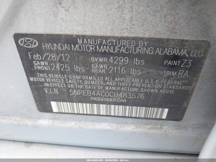 2012 Hyundai Sonata 2.4 Gls blue Lot 111045051450 Vin 5NPEB4AC0CH483576