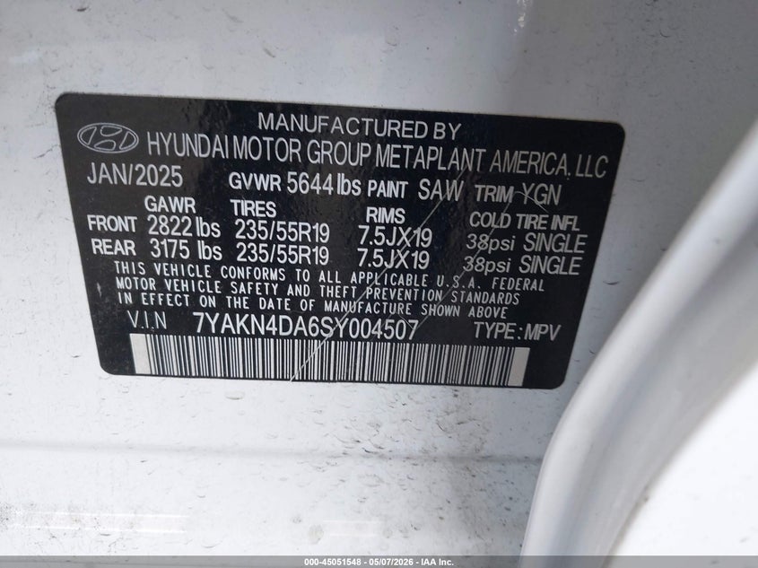 2025 Hyundai Ioniq 5 Sel VIN: 7YAKN4DA6SY004507 Lot: 45051548