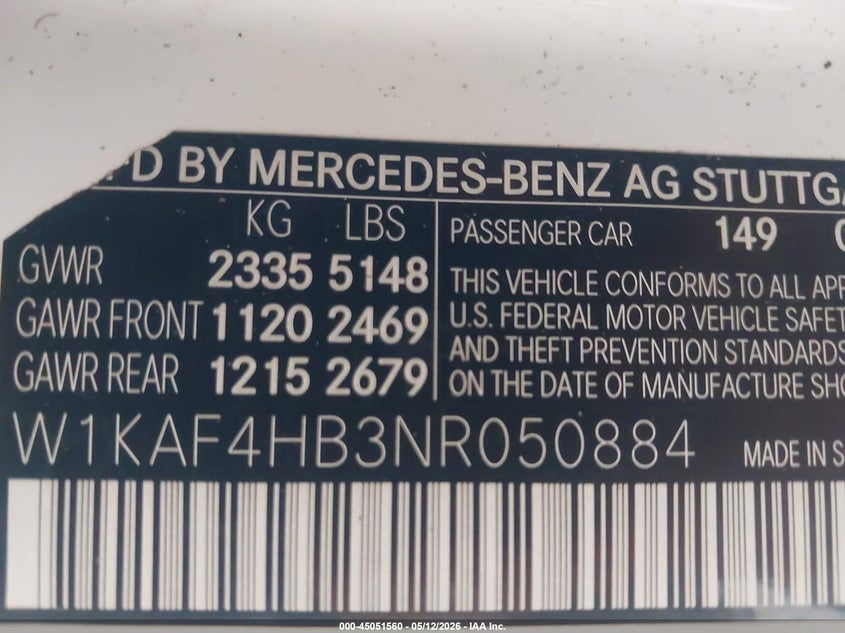 2022 Mercedes-Benz C 300 4Matic VIN: W1KAF4HB3NR050884 Lot: 45051560