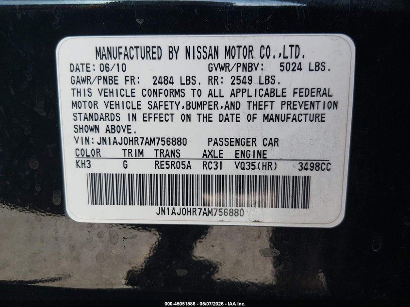 2010 Infiniti Ex35 Journey VIN: JN1AJ0HR7AM756880 Lot: 45051586