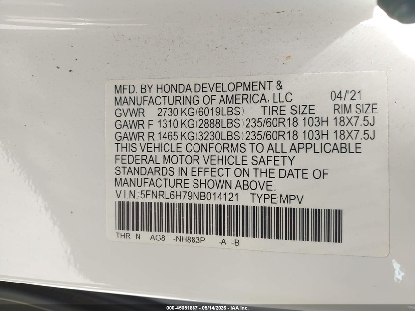 2022 Honda Odyssey Ex-L VIN: 5FNRL6H79NB014121 Lot: 45051887