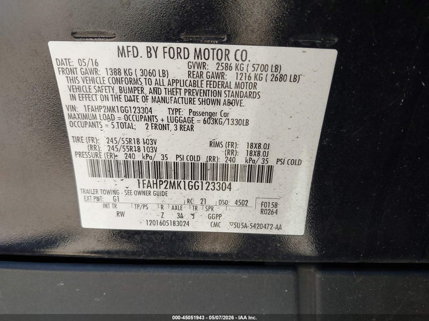 2016 Ford Police Interceptor VIN: 1FAHP2MK1GG123304 Lot: 45051943