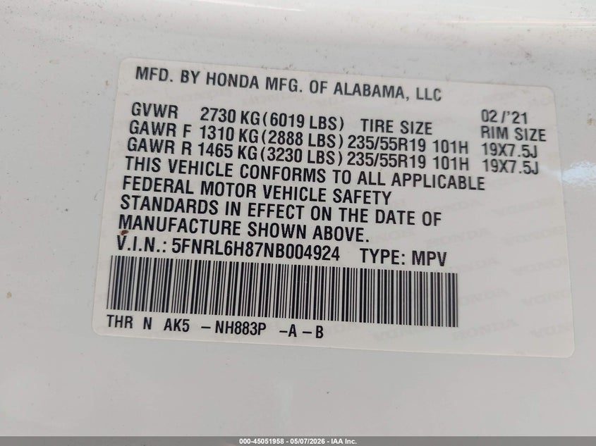 2022 Honda Odyssey Touring VIN: 5FNRL6H87NB004924 Lot: 45051958