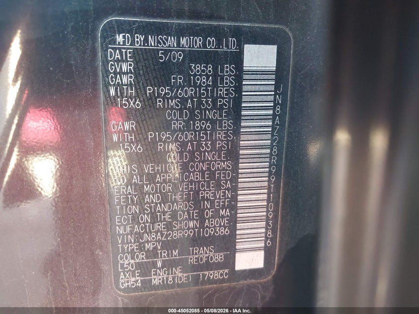 2009 Nissan Cube 1.8S VIN: JN8AZ28R99T109386 Lot: 45052085