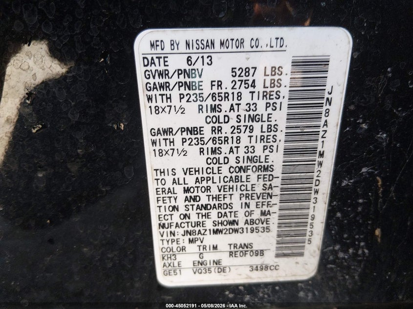 2013 Nissan Murano Sv VIN: JN8AZ1MW2DW319535 Lot: 45052191