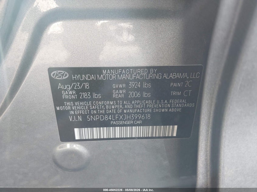 VIN 5NPD84LFXJH399618 2018 HYUNDAI ELANTRA SEL