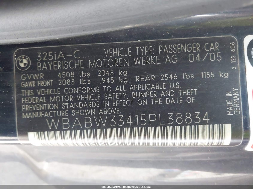 2005 BMW 3ER CABRIO 2.5L I-6 DOHC, VVT, 184HP
