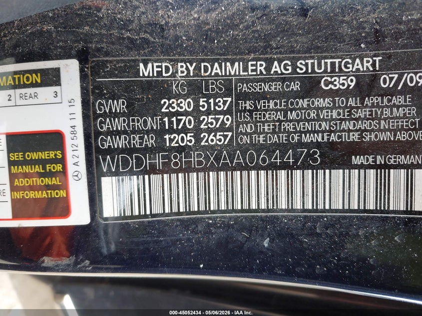 2010 Mercedes-benz E-class 3.5 E 350 4matic Blue Lot 111045052434 Vin WDDHF8HBXAA064473