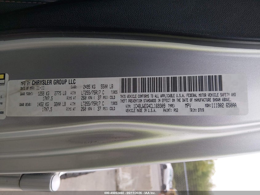 2012 Jeep 3.6 Unlimited Sahara silver Lot 111045052460 Vin 1C4BJWEG4CL169309