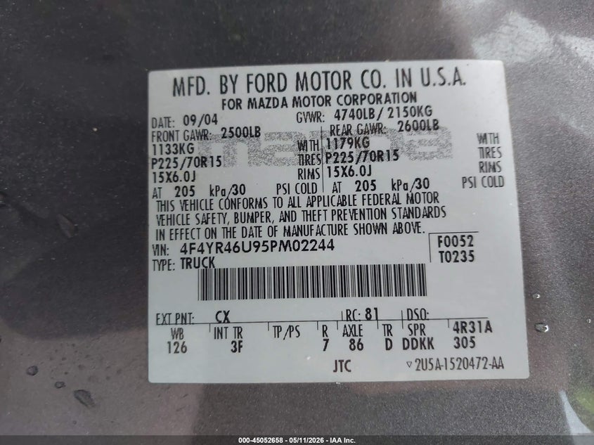 2005 Mazda B3000 VIN: 4F4YR46U95PM02244 Lot: 45052658