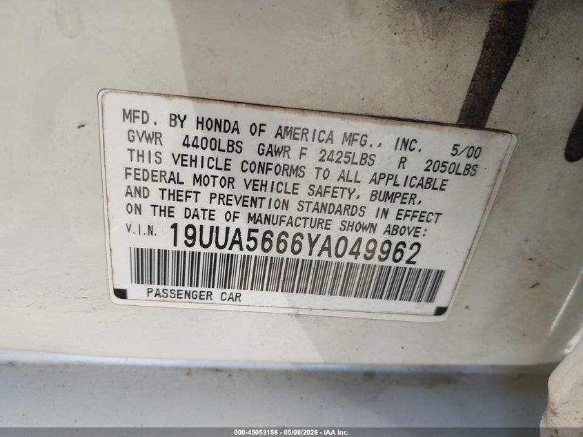 2000 Acura Tl 3.2 VIN: 19UUA5666YA049962 Lot: 45053156
