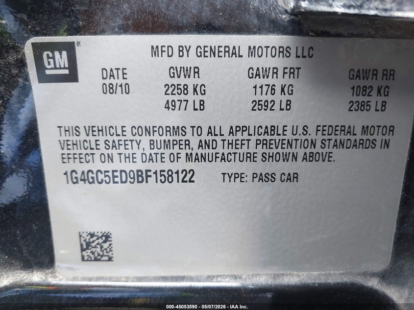 2011 Buick Lacrosse Cxl VIN: 1G4GC5ED9BF158122 Lot: 45053590