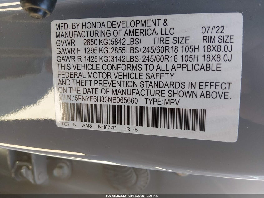 2022 HONDA PILOT SPORT UTILITY VEHICLE 3.5L V-6 DI, VVT, 280HP